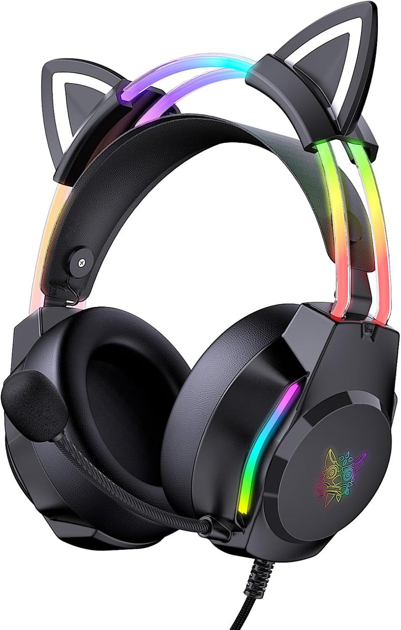 ONITOON Gaming Headset with Microphone, Cat Ear Headphones for PC Laptop PS4 PS5 Xbox Switch, Rainbow RGB Lighting & Virtual Surround Sound, 3.5mm Wired Over Ear Headphones, Ergonomic - Image 1